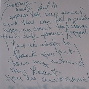 Handwritten message expressing deep gratitude.