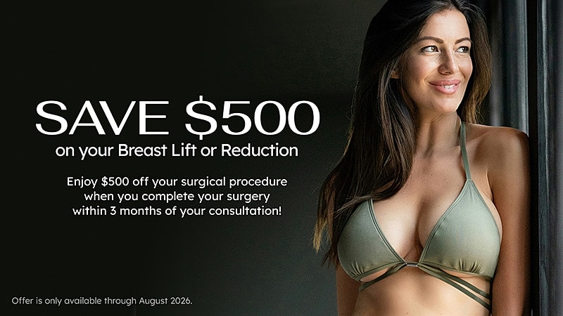 Promotion for breast lift or reduction discount.